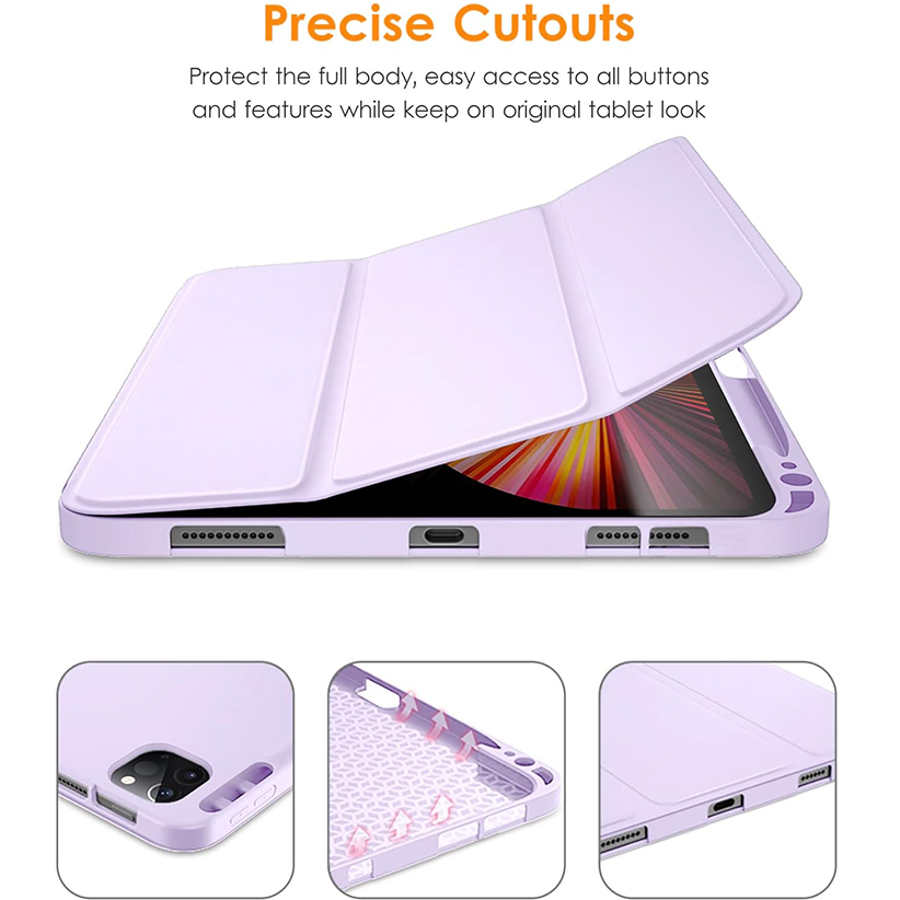 For iPad Pro 11 inch 4th/3rd/2nd/1st Generation 2022/2021/2020/2018-Slim Trifold Stand Soft TPU Back Cover with Built-in Pencil Holder